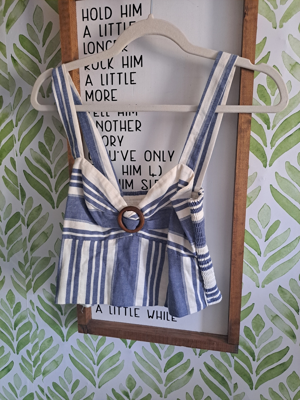 Blue and White Striped Tank Top with Wood Ring Detail